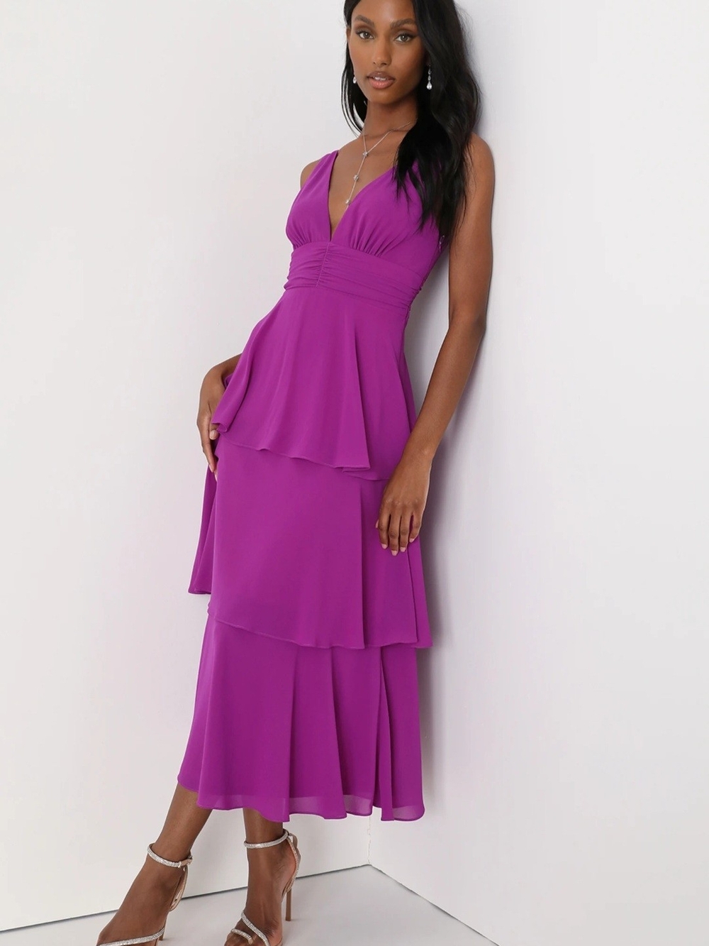 Lulus Celebration Time Purple Sleeveless Tiered Midi Dress